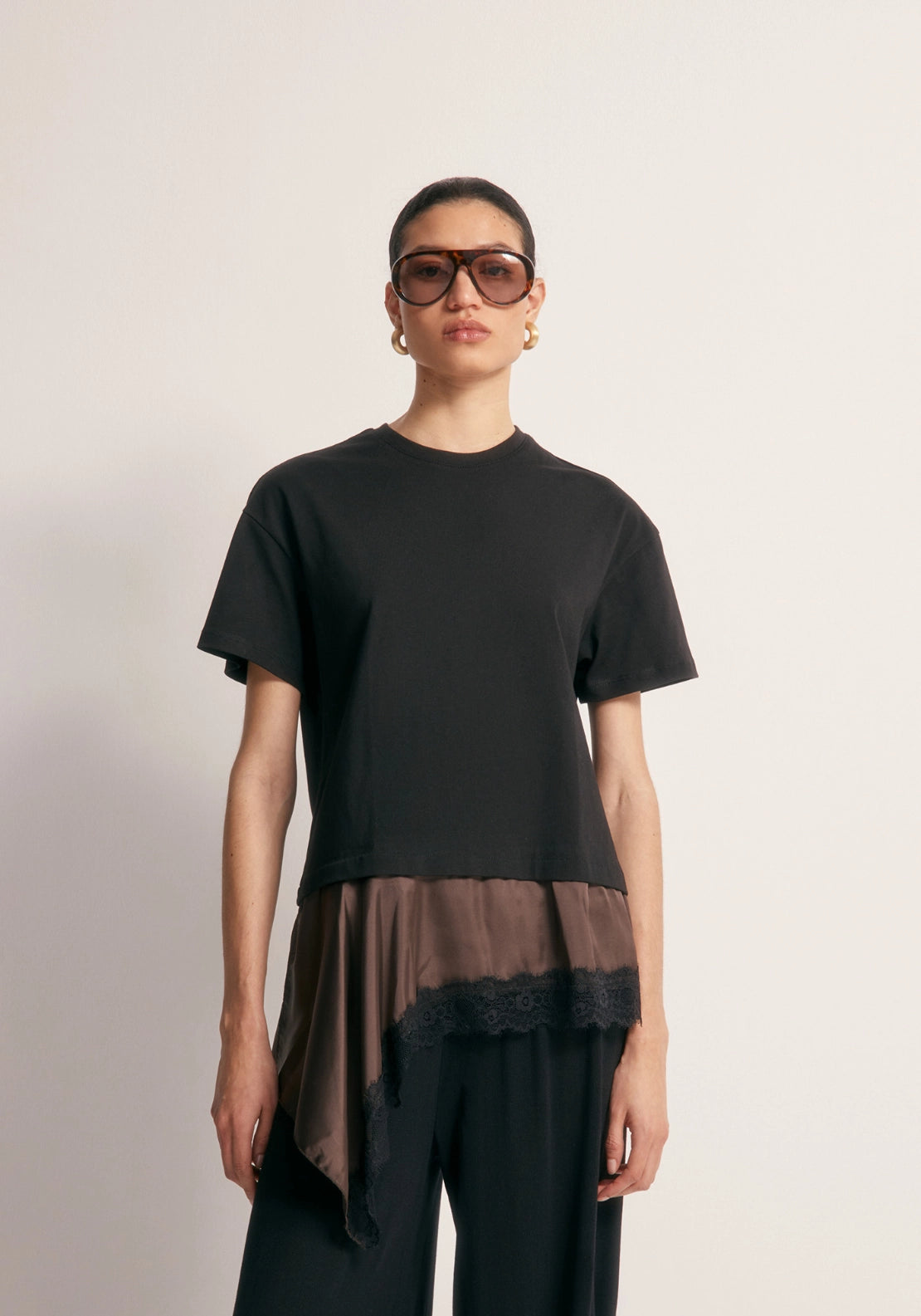 Mixed-Fabric Lace T-Shirt - Black