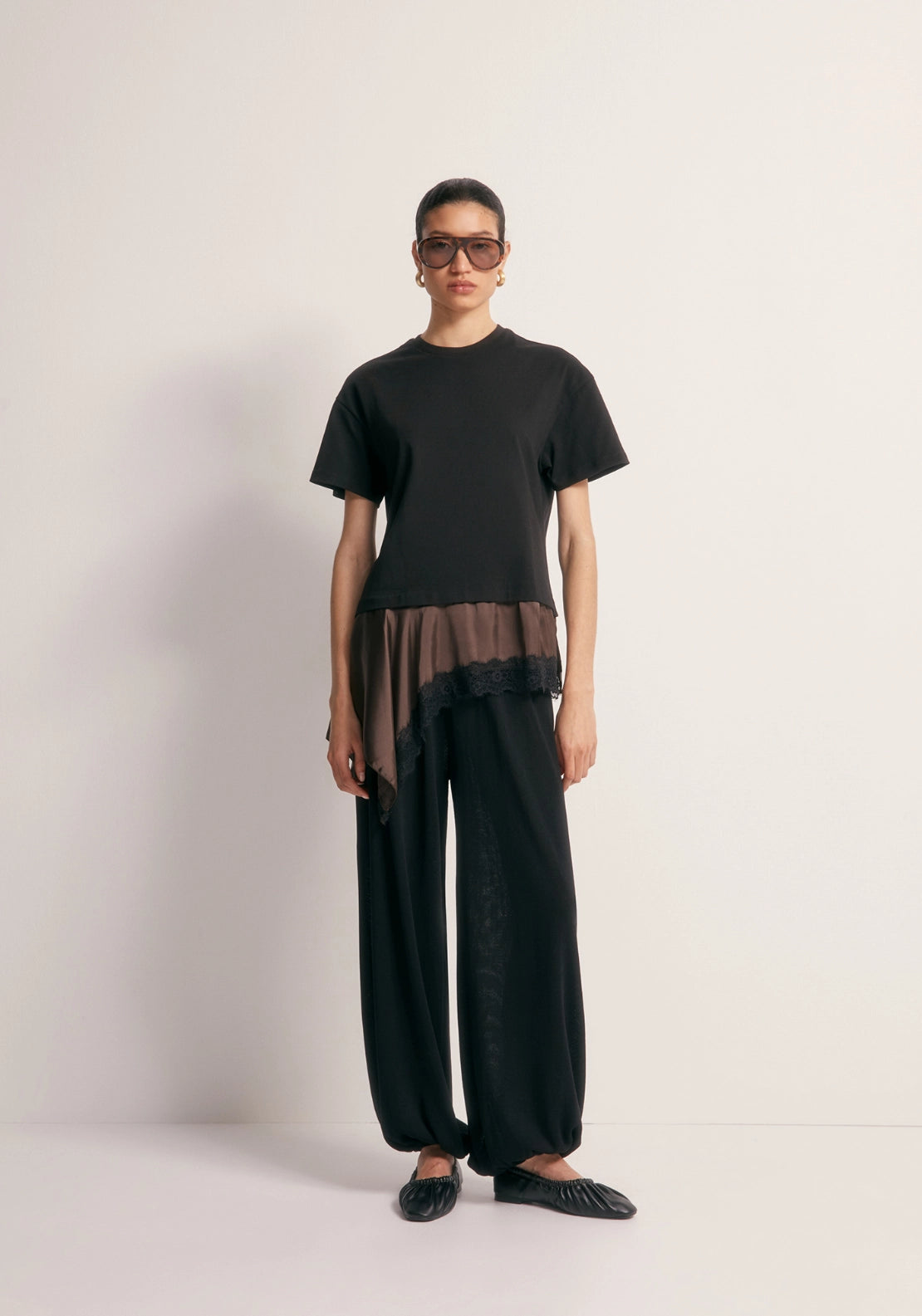 Mixed-Fabric Lace T-Shirt - Black
