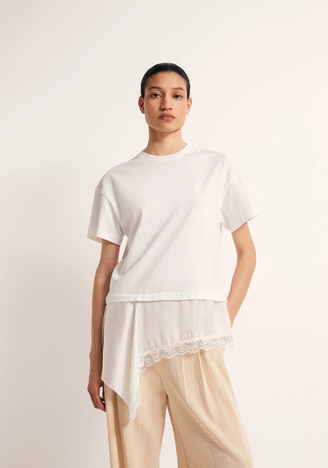 Mixed-Fabric Lace T-Shirt - White