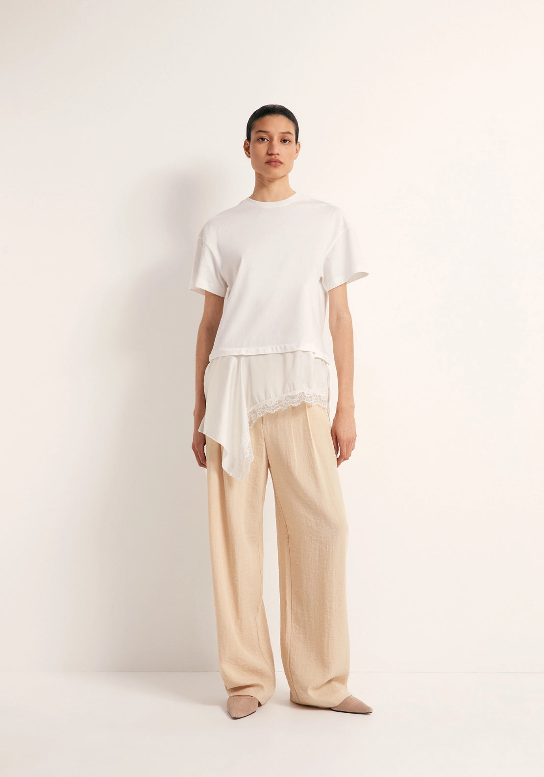 Mixed-Fabric Lace T-Shirt - White