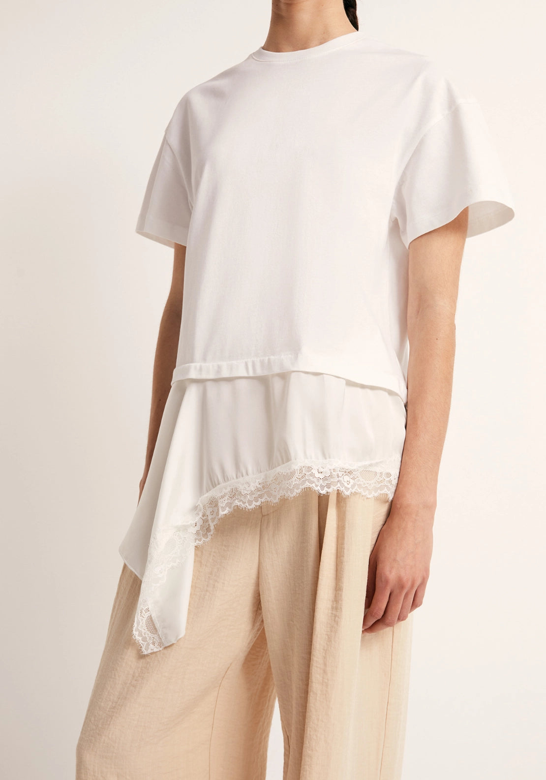 Mixed-Fabric Lace T-Shirt - White