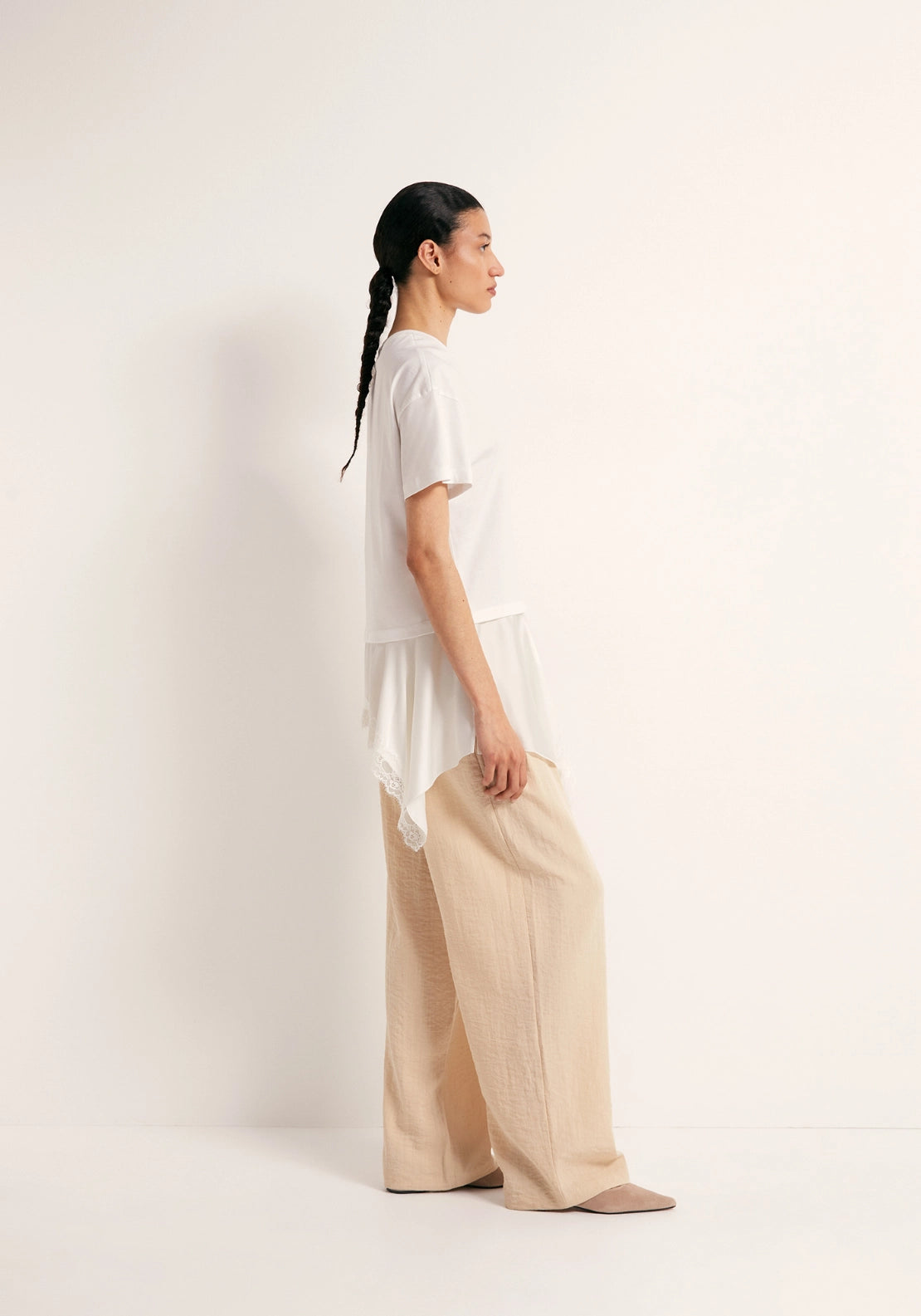 Mixed-Fabric Lace T-Shirt - White