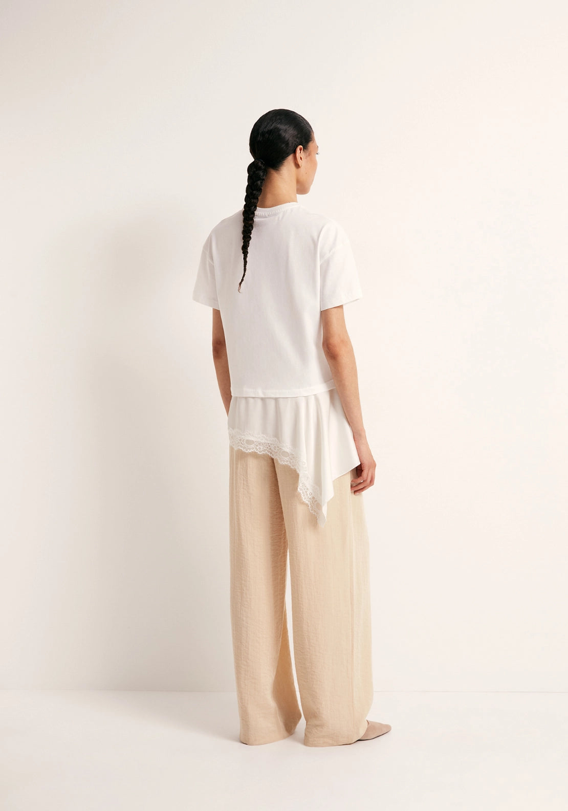 Mixed-Fabric Lace T-Shirt - White