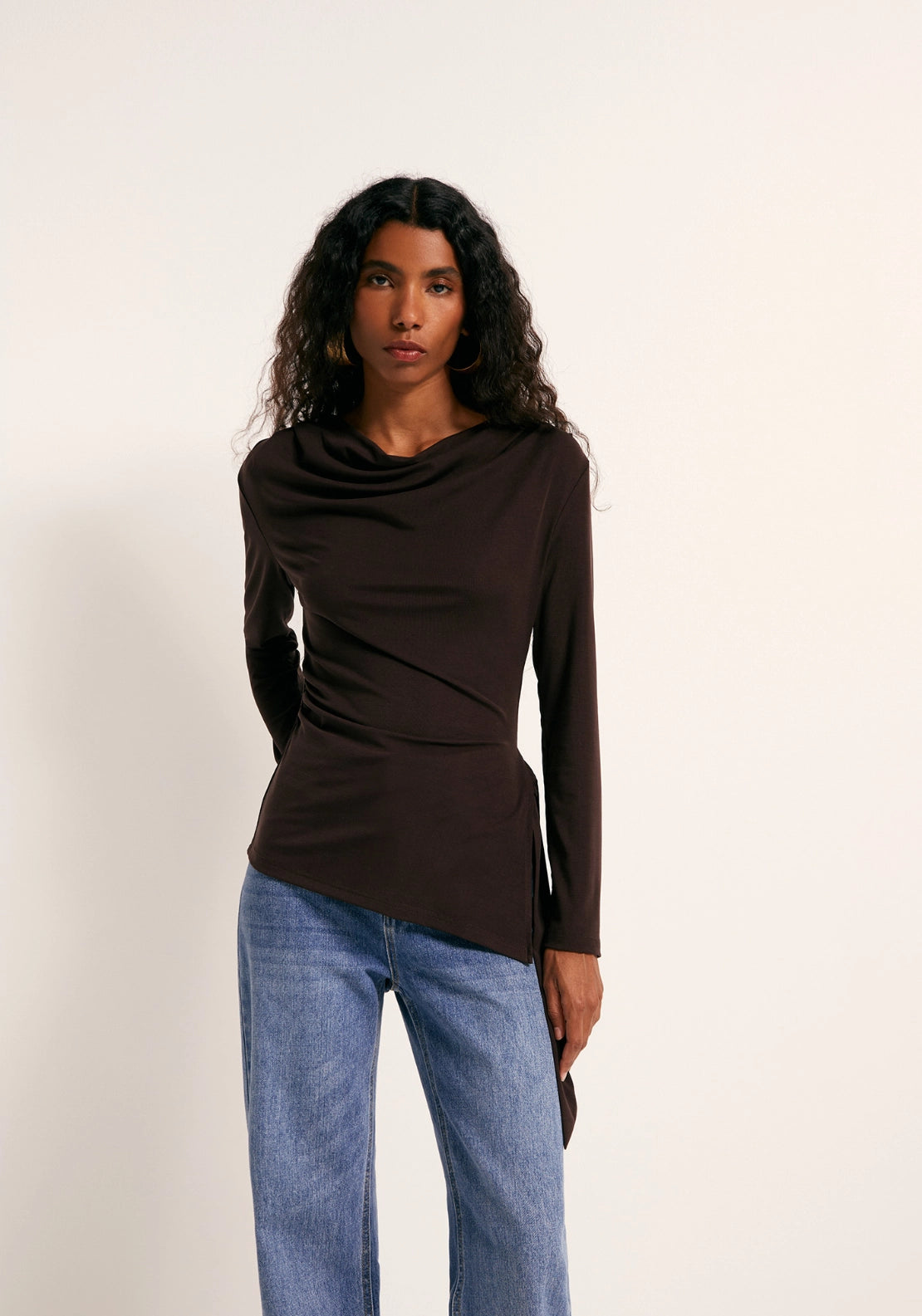 Side Knot Drape Top - Brown