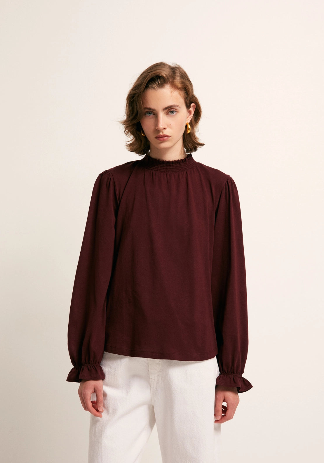 Solid Colour Smock Neck Top - Red
