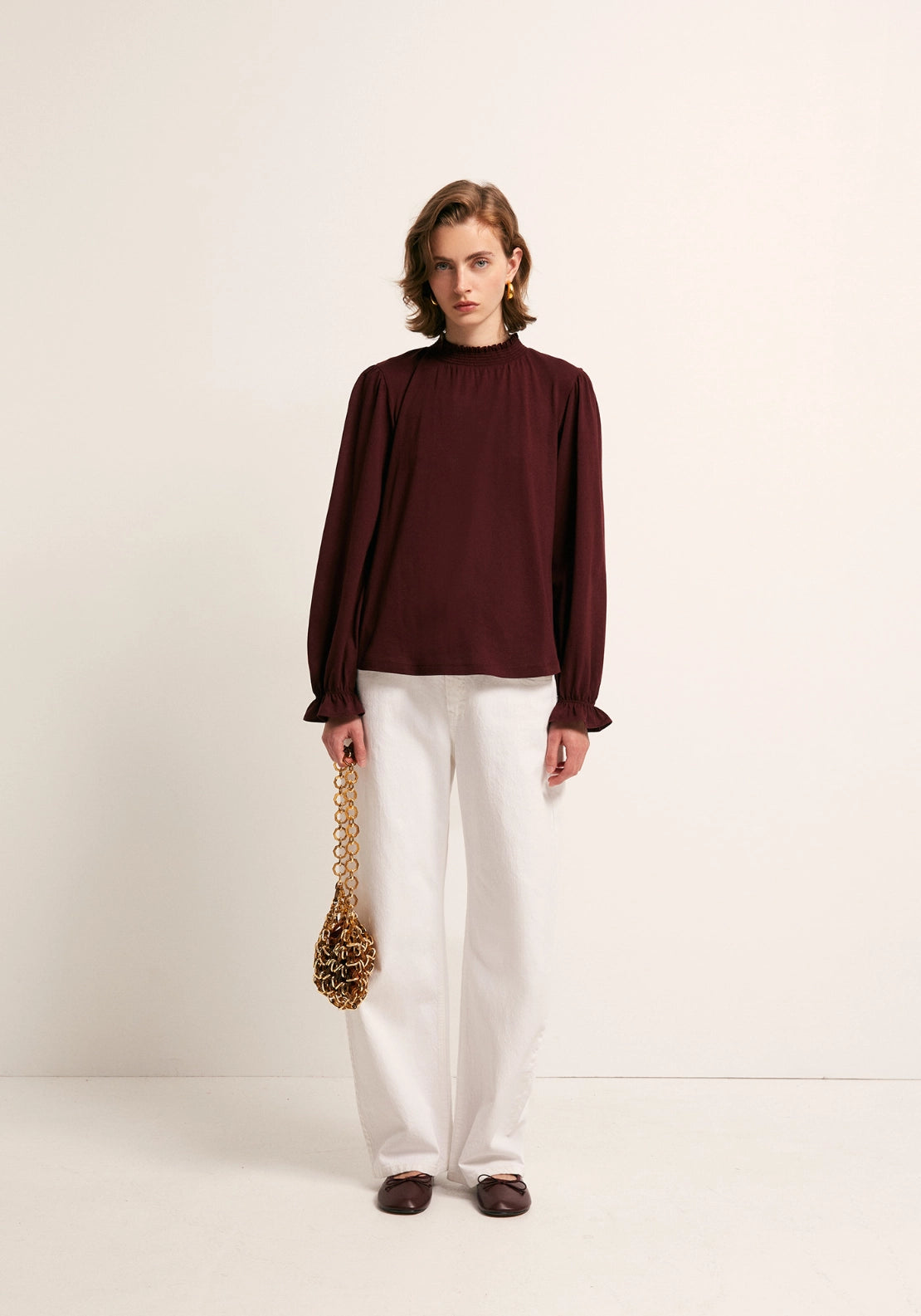Solid Colour Smock Neck Top - Red