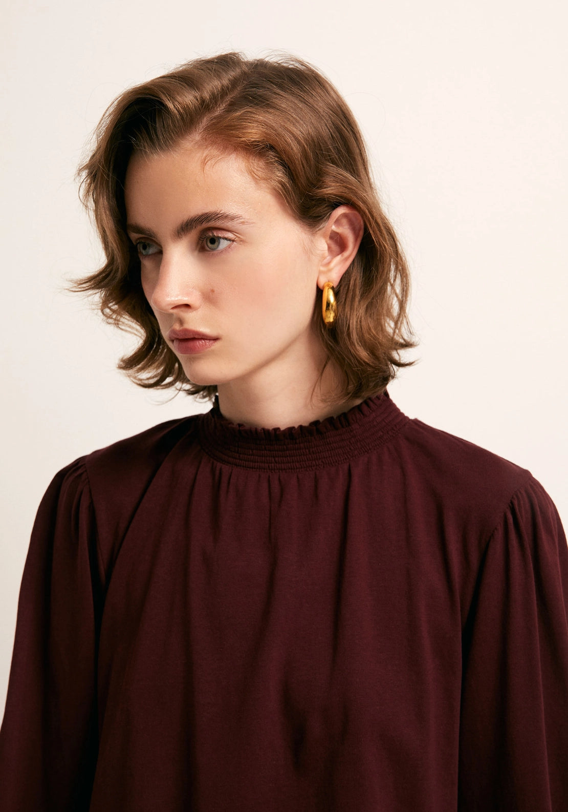 Solid Colour Smock Neck Top - Red