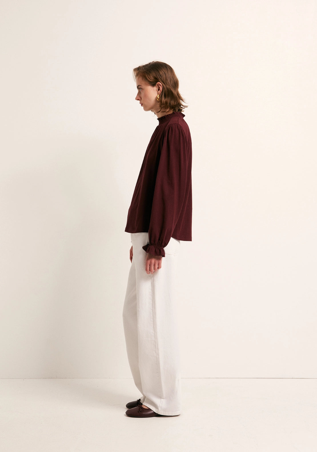 Solid Colour Smock Neck Top - Red