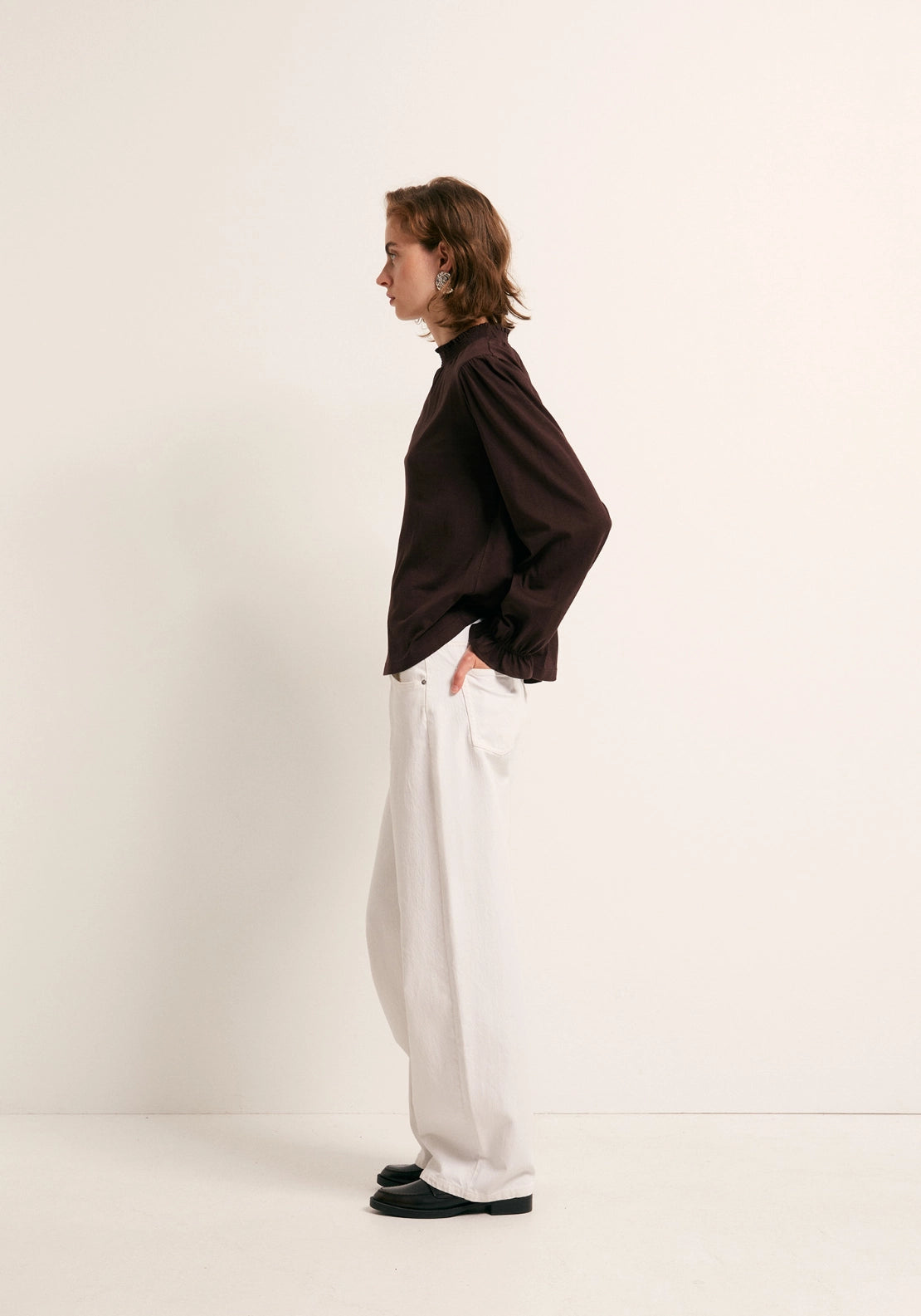 Solid Colour Smock Neck Top - Brown
