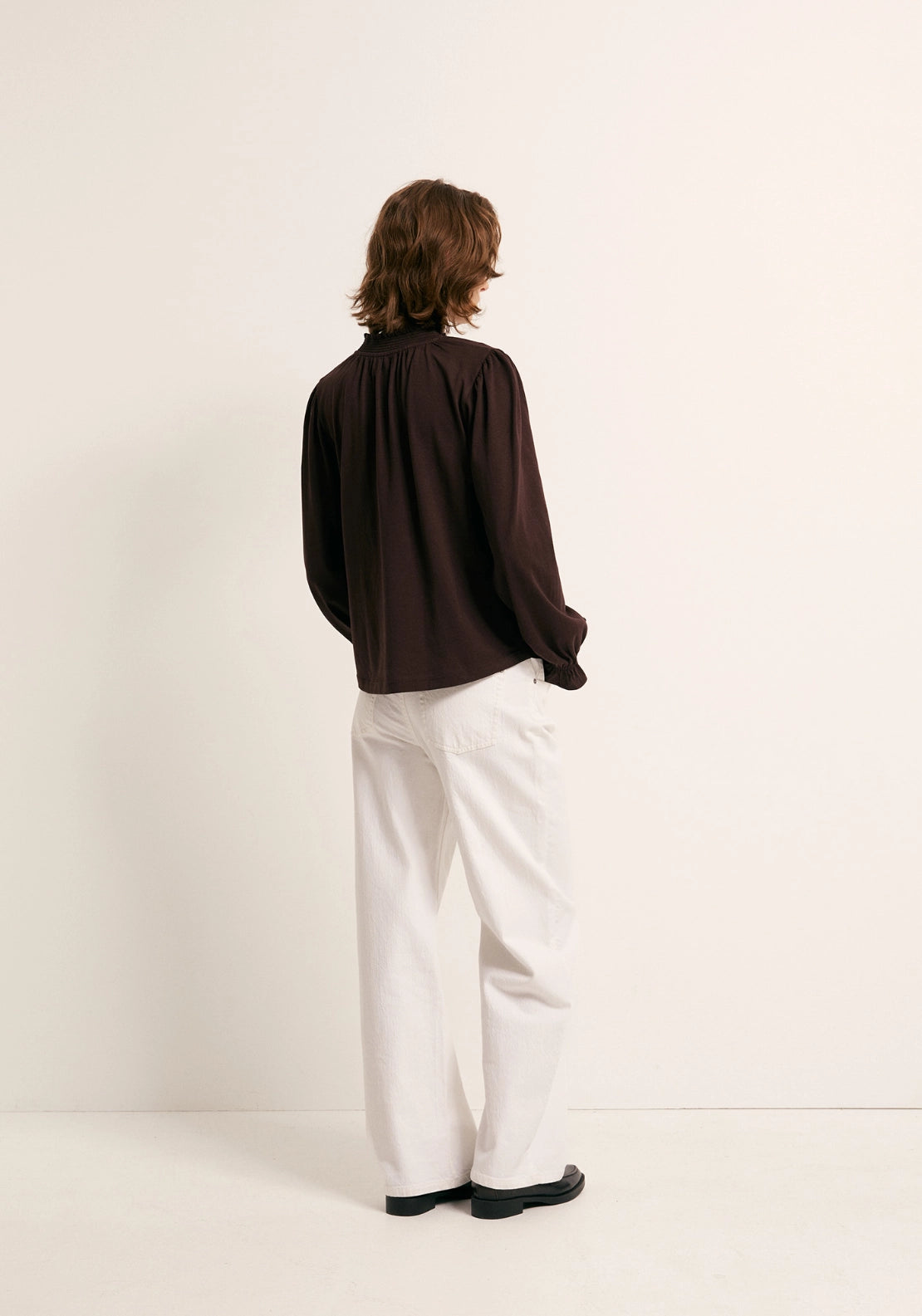 Solid Colour Smock Neck Top - Brown