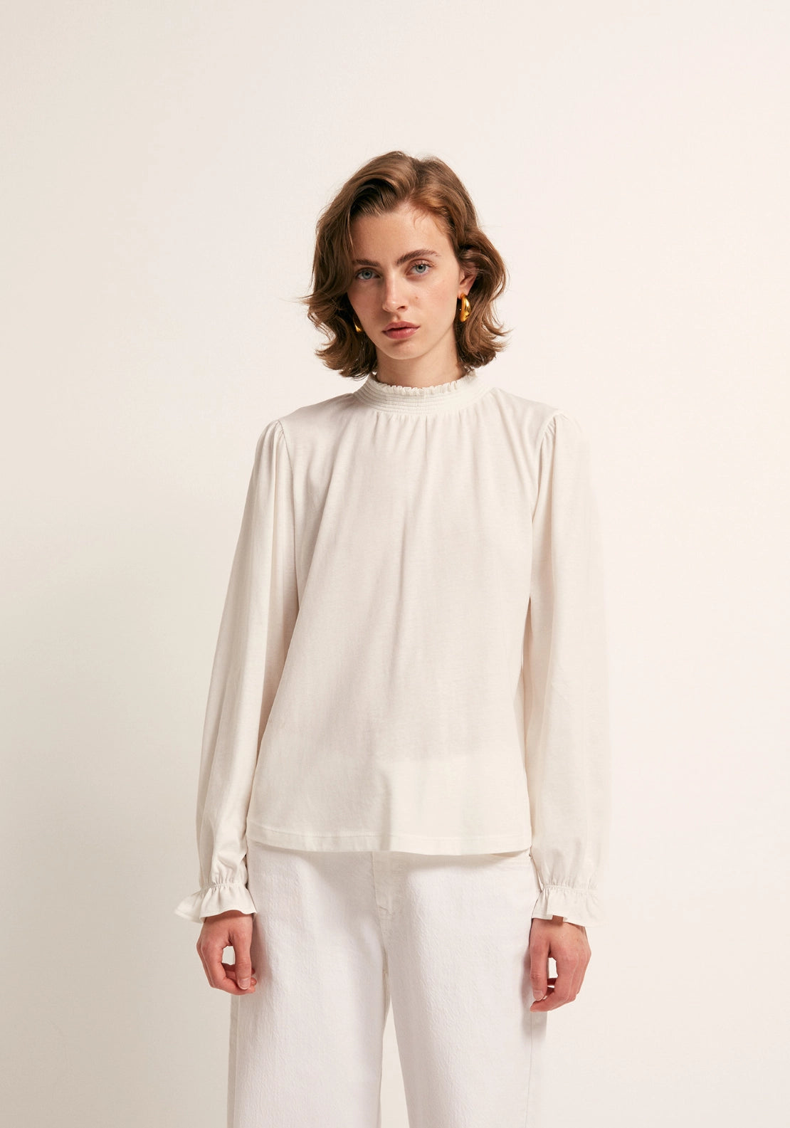 Solid Colour Smock Neck Top - White