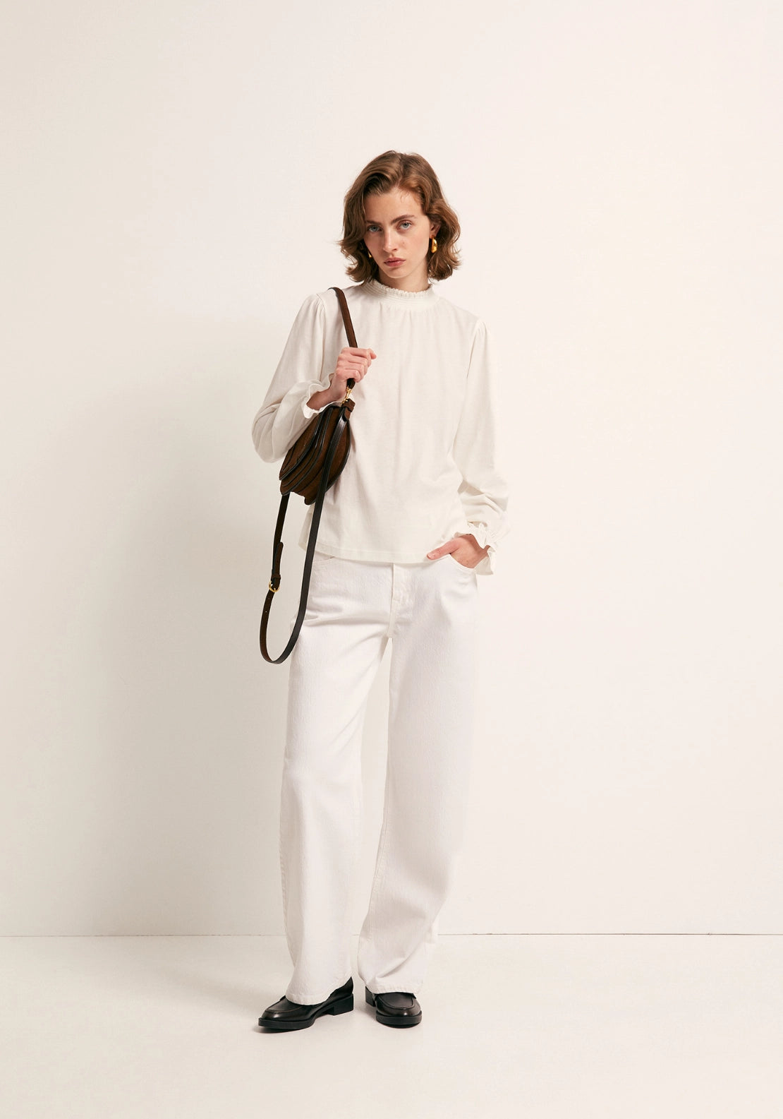 Solid Colour Smock Neck Top - White