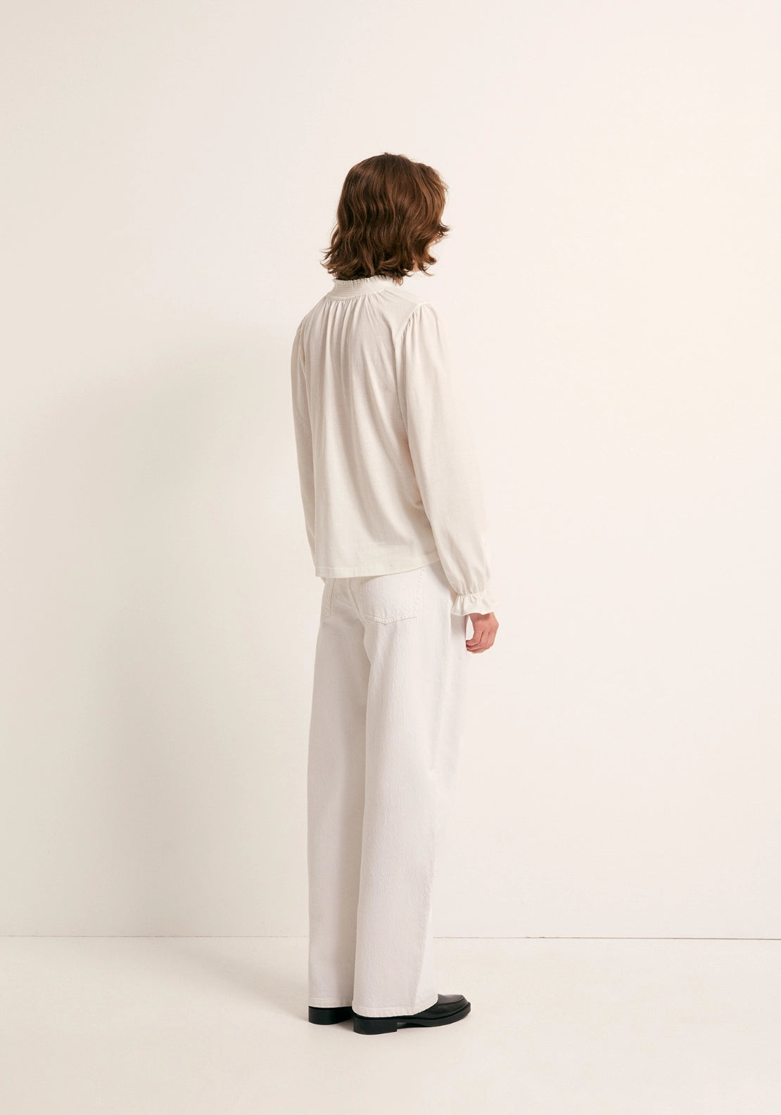 Solid Colour Smock Neck Top - White