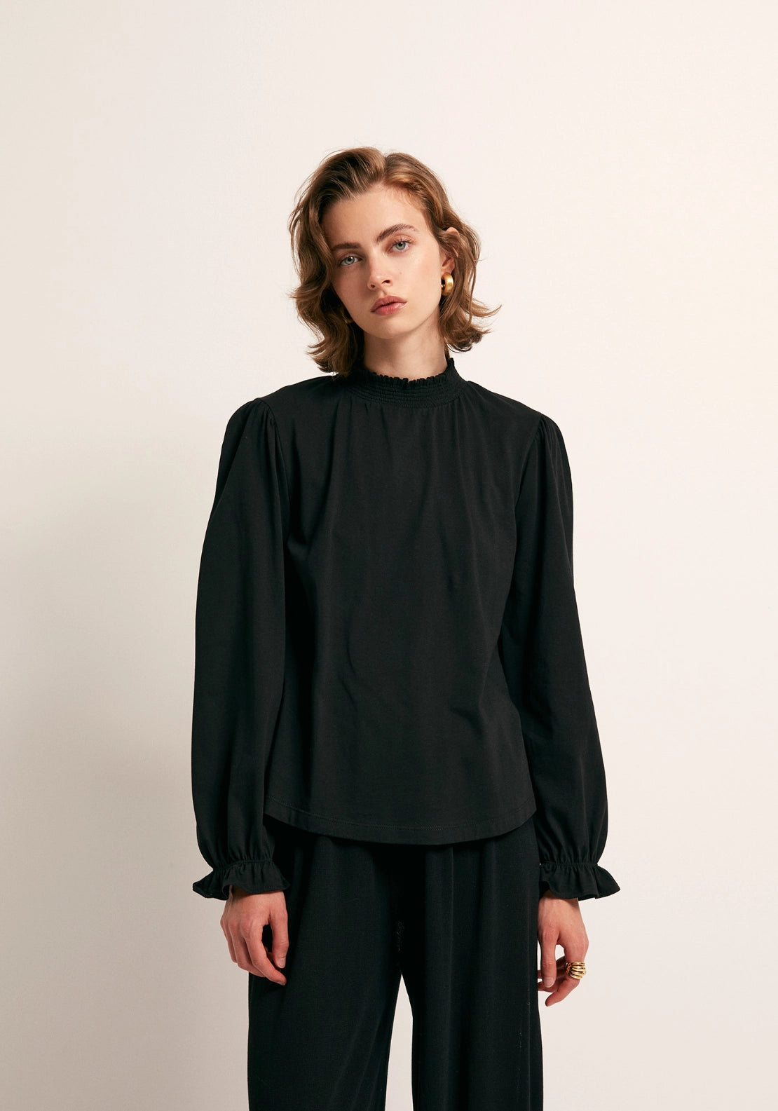 Solid Colour Smock Neck Top - Black