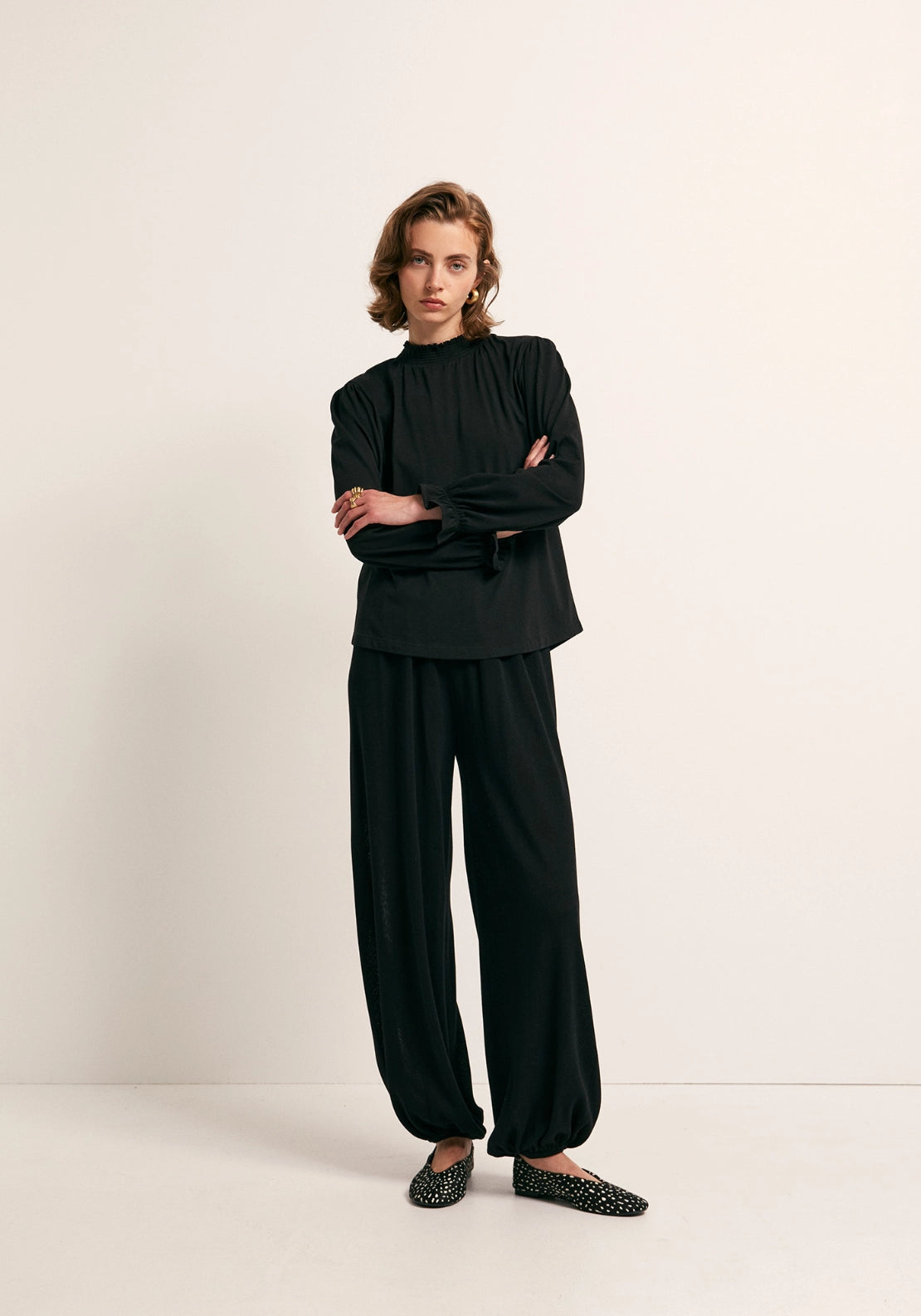 Solid Colour Smock Neck Top - Black