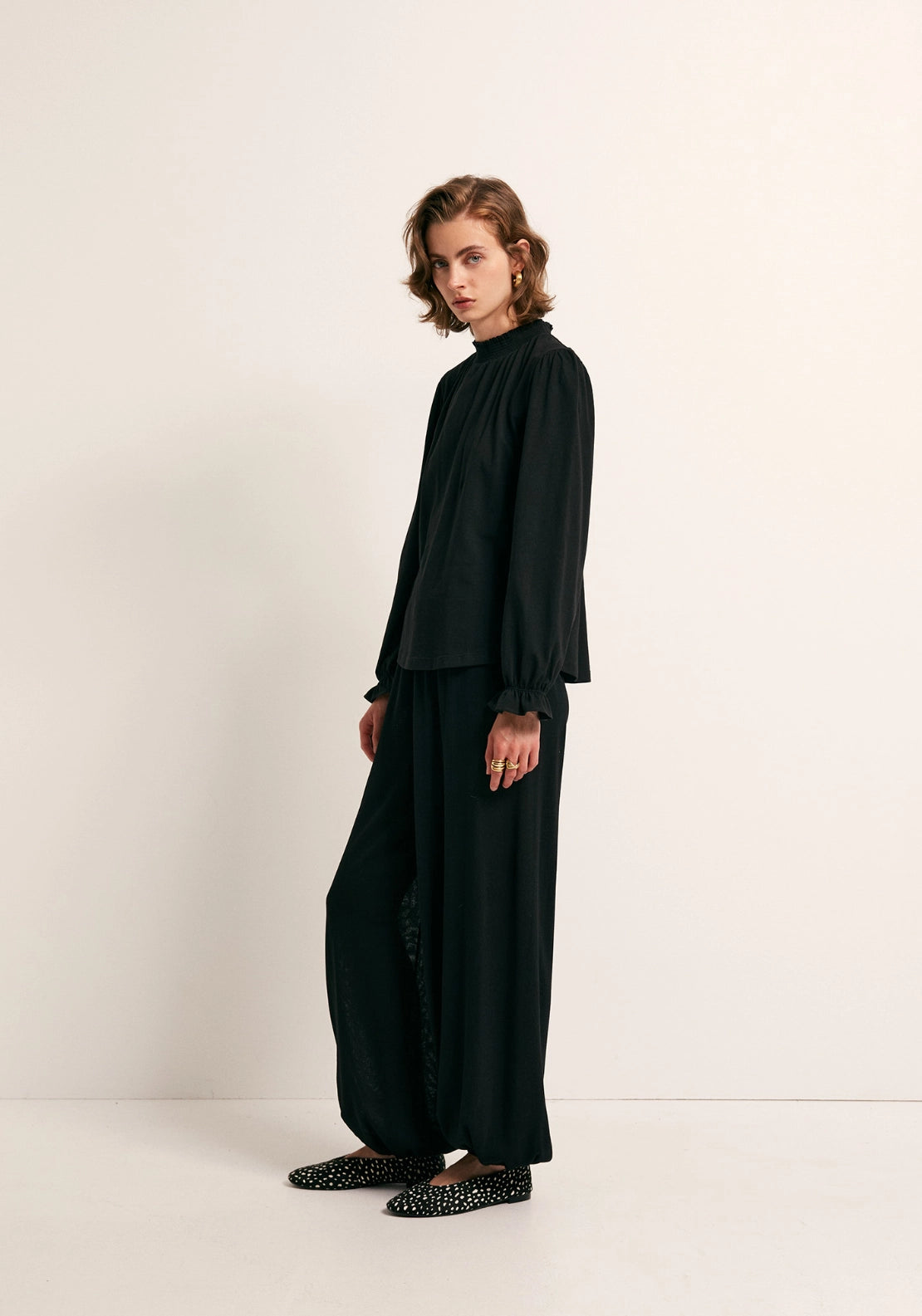Solid Colour Smock Neck Top - Black
