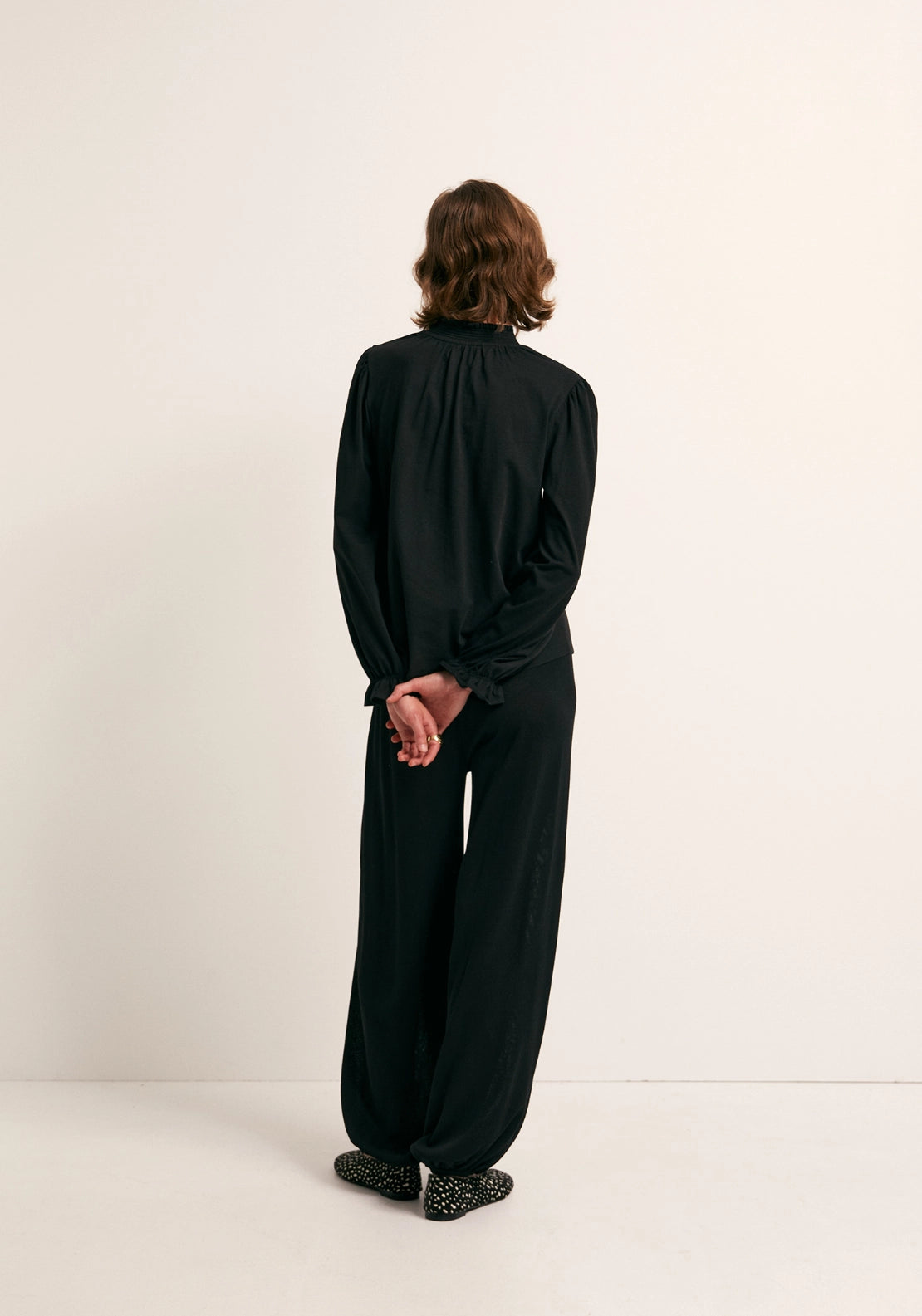 Solid Colour Smock Neck Top - Black