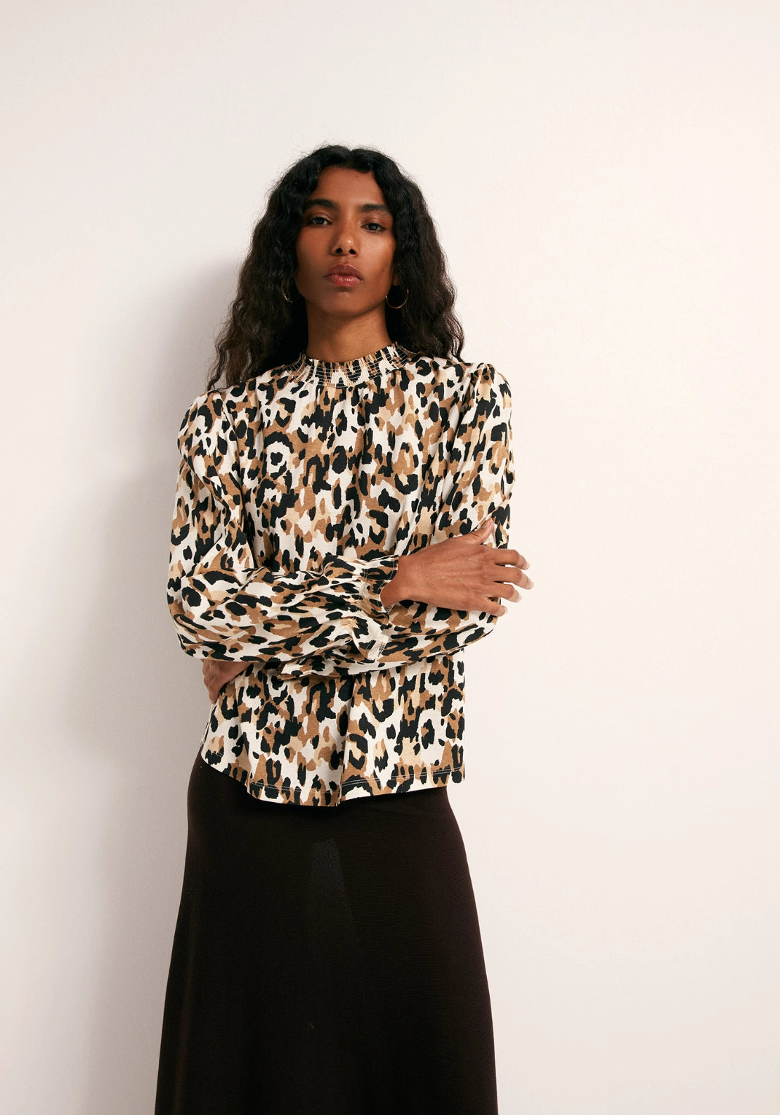 Printed Ruffle Cuff Top - Brown