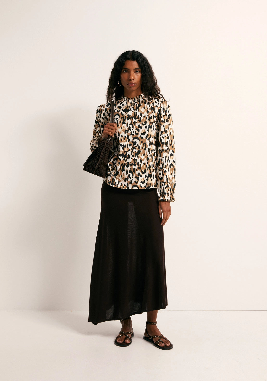 Printed Ruffle Cuff Top - Brown