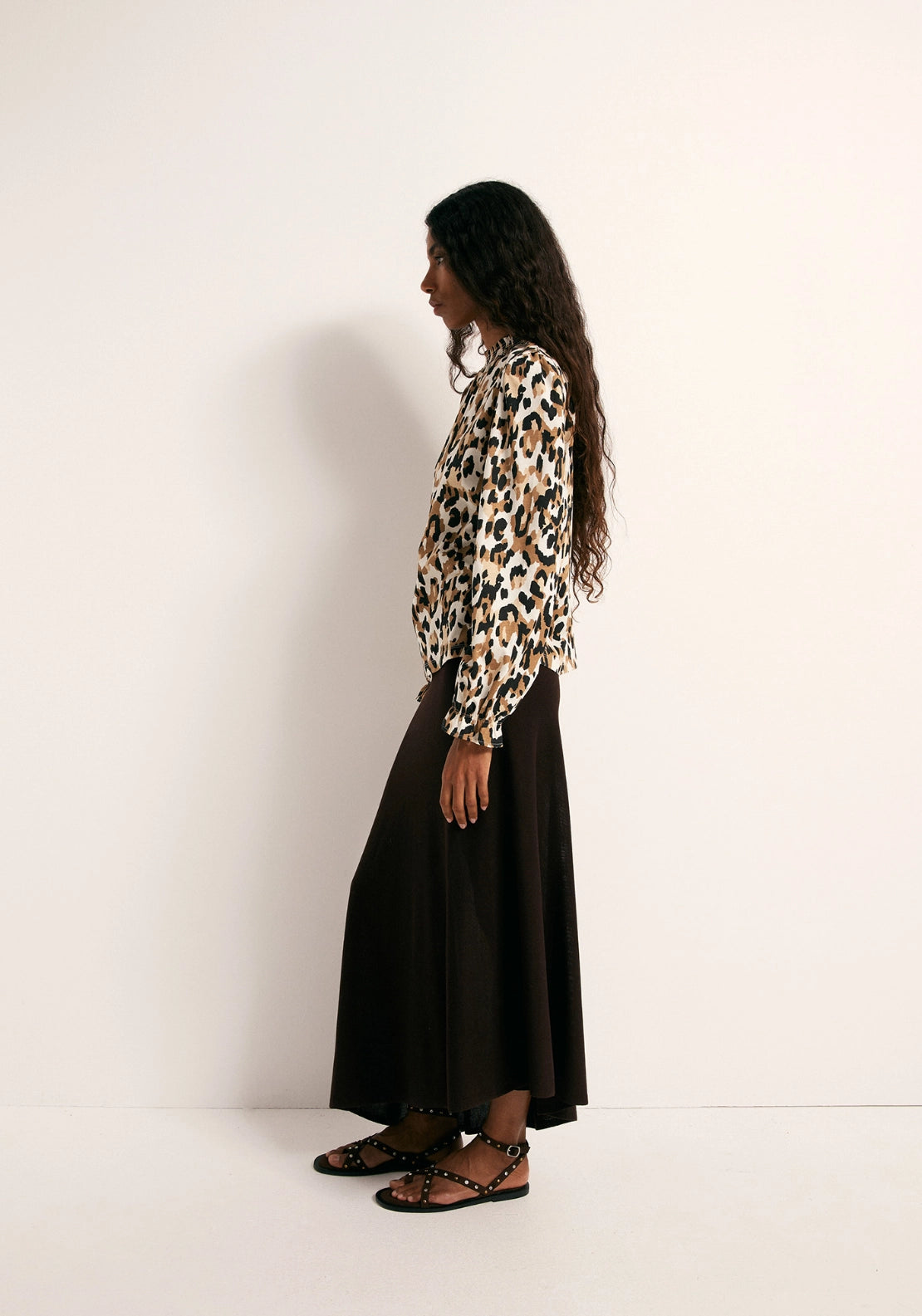 Printed Ruffle Cuff Top - Brown