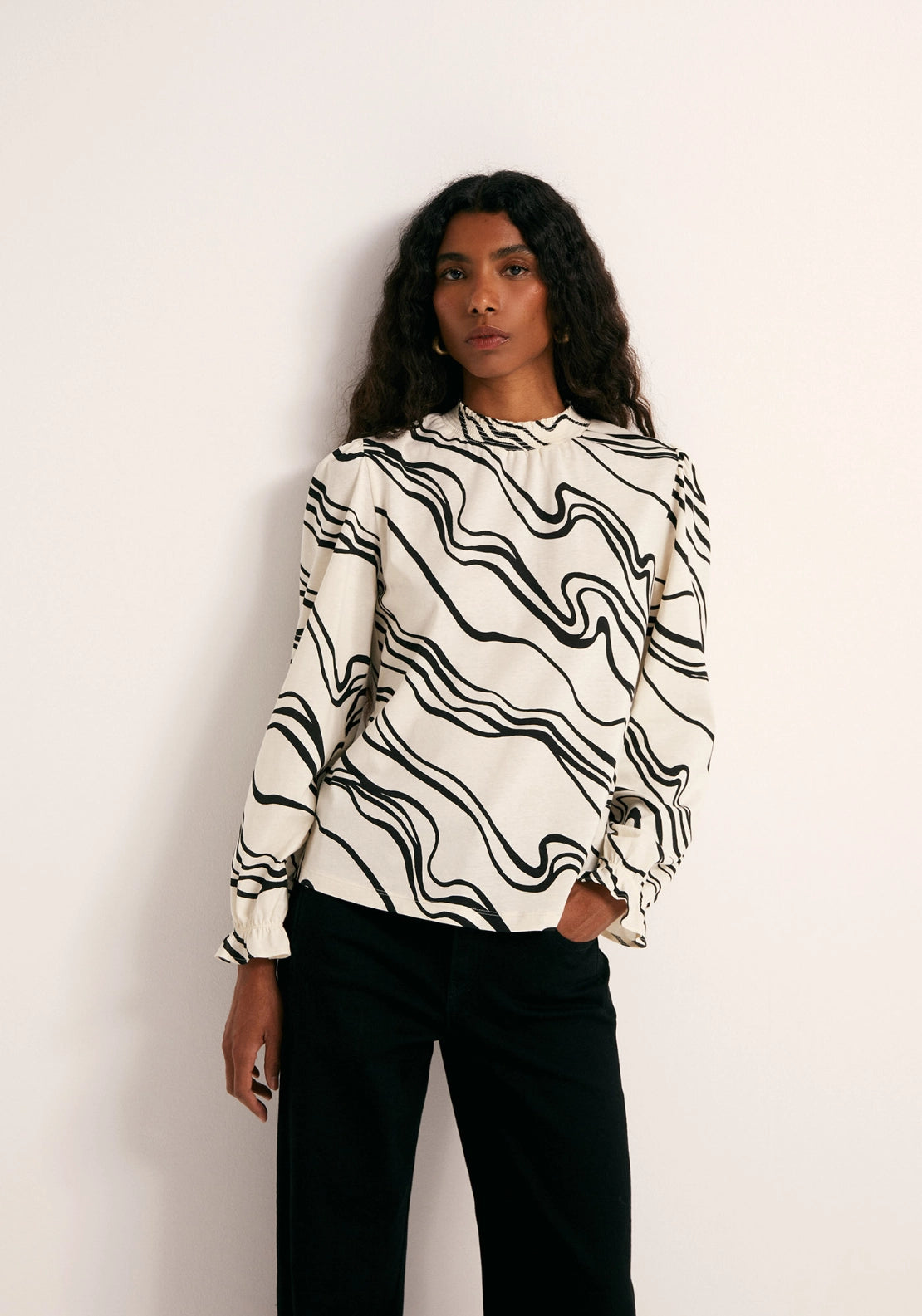 Printed Ruffle Cuff Top - Cream