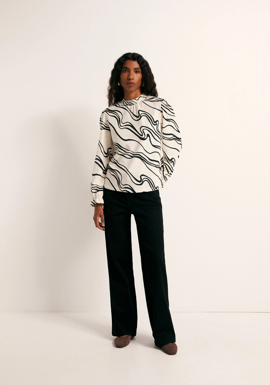 Printed Ruffle Cuff Top - Cream