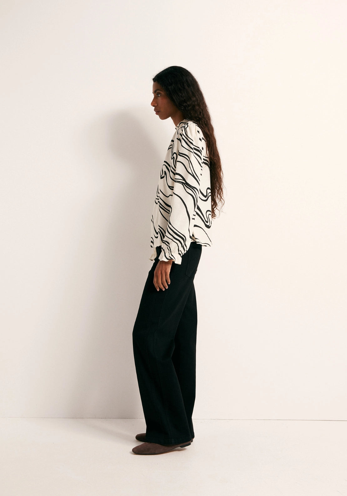 Printed Ruffle Cuff Top - Cream