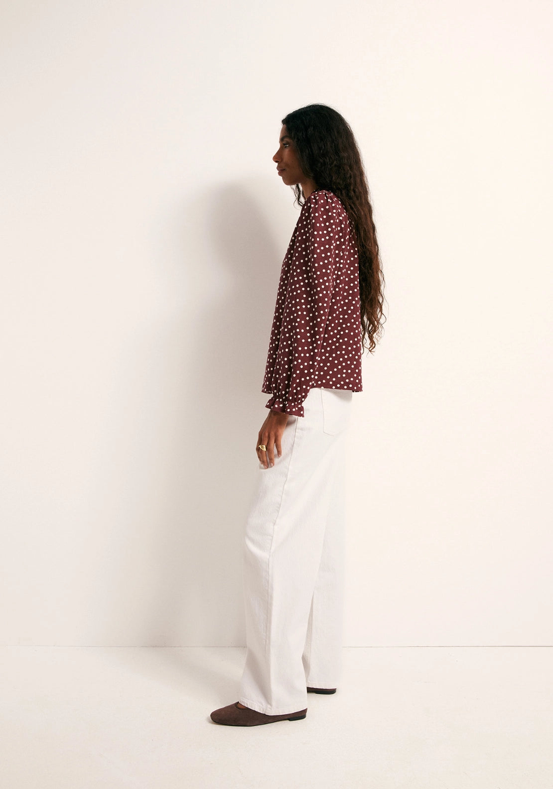 Printed Ruffle Cuff Top - Red