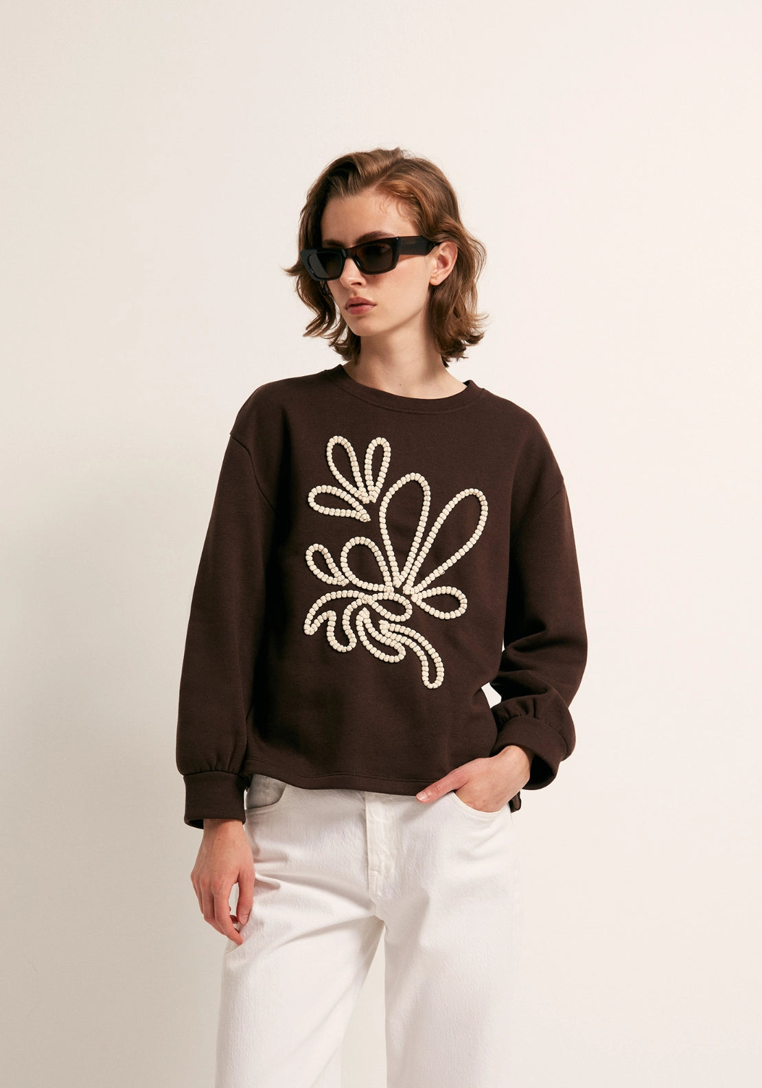 Embroidered Detail Sweatshirt - Brown