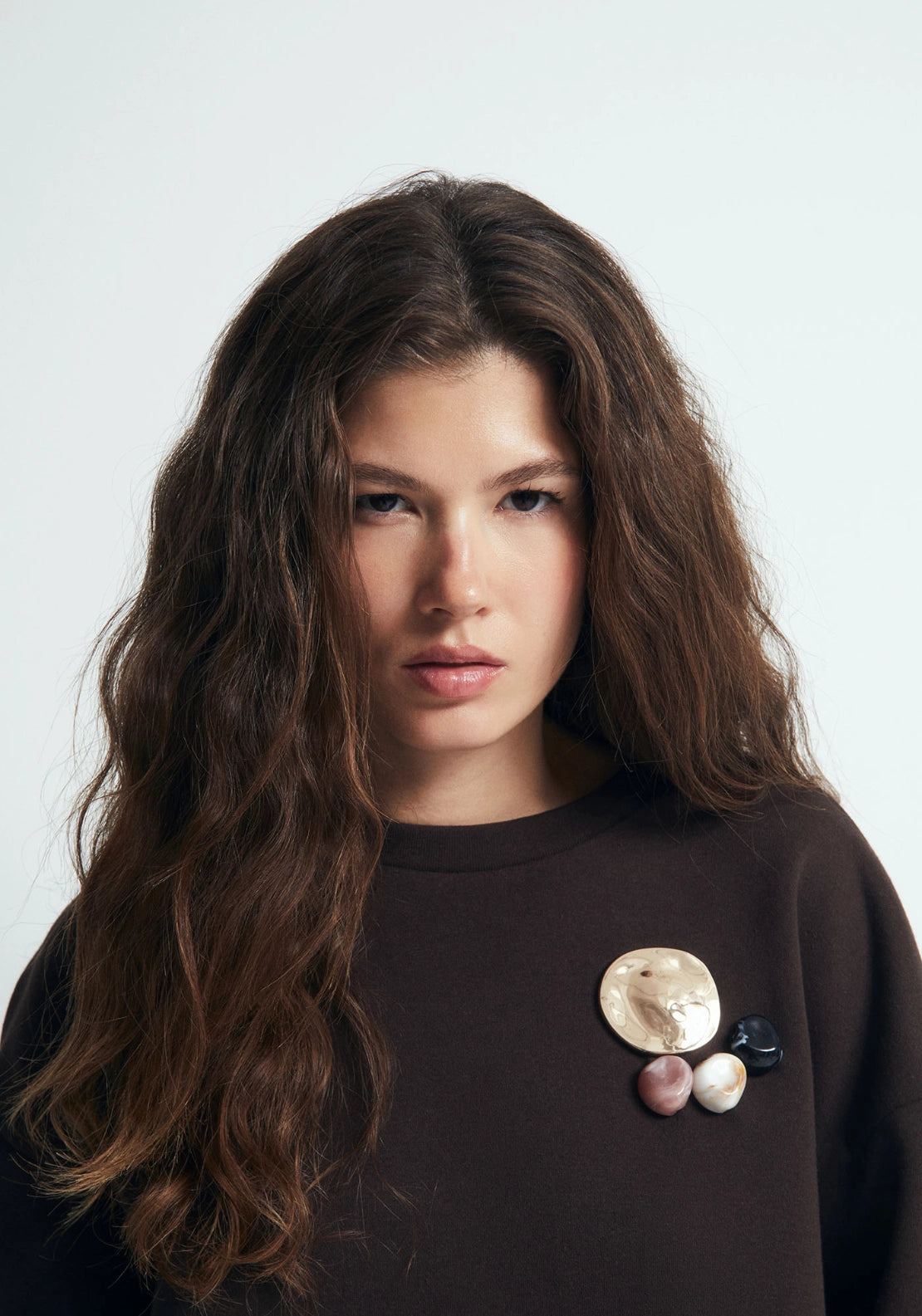 Multi Piece Brooch Sweatshirt - Brown