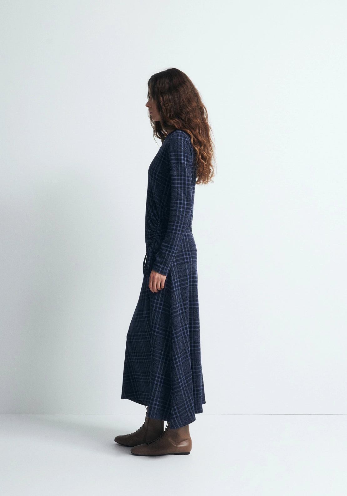 Draped Check Dress - Blue