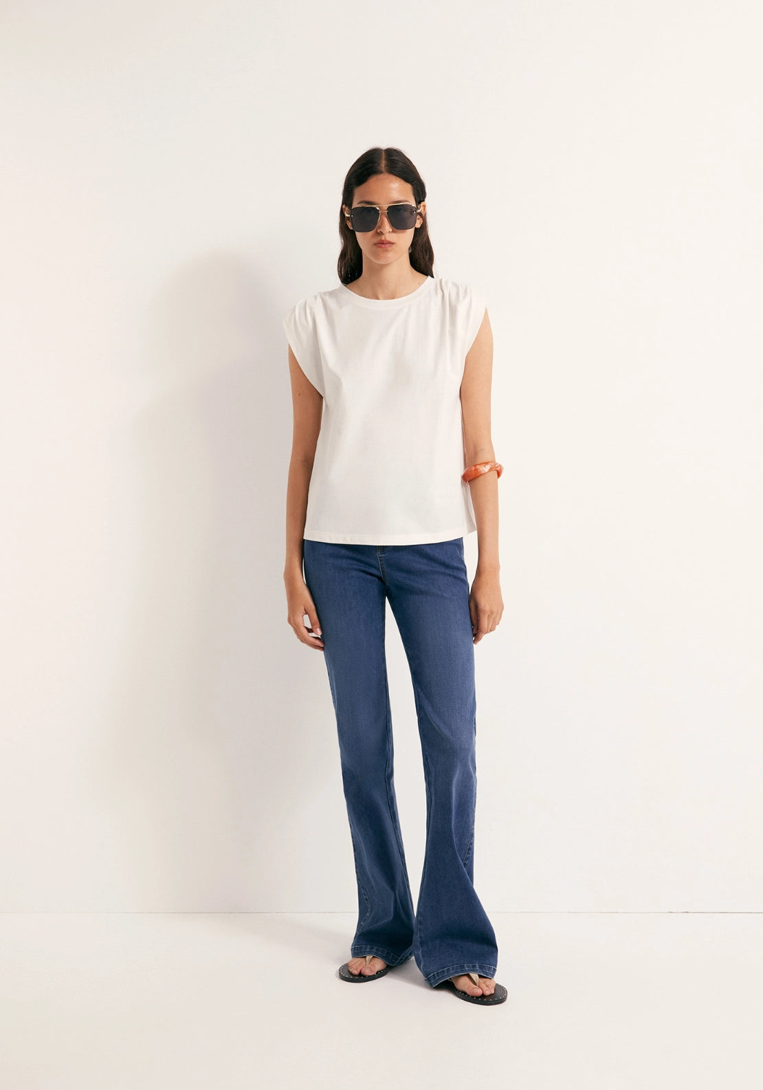 Faded Ruched Shoulder Top - White