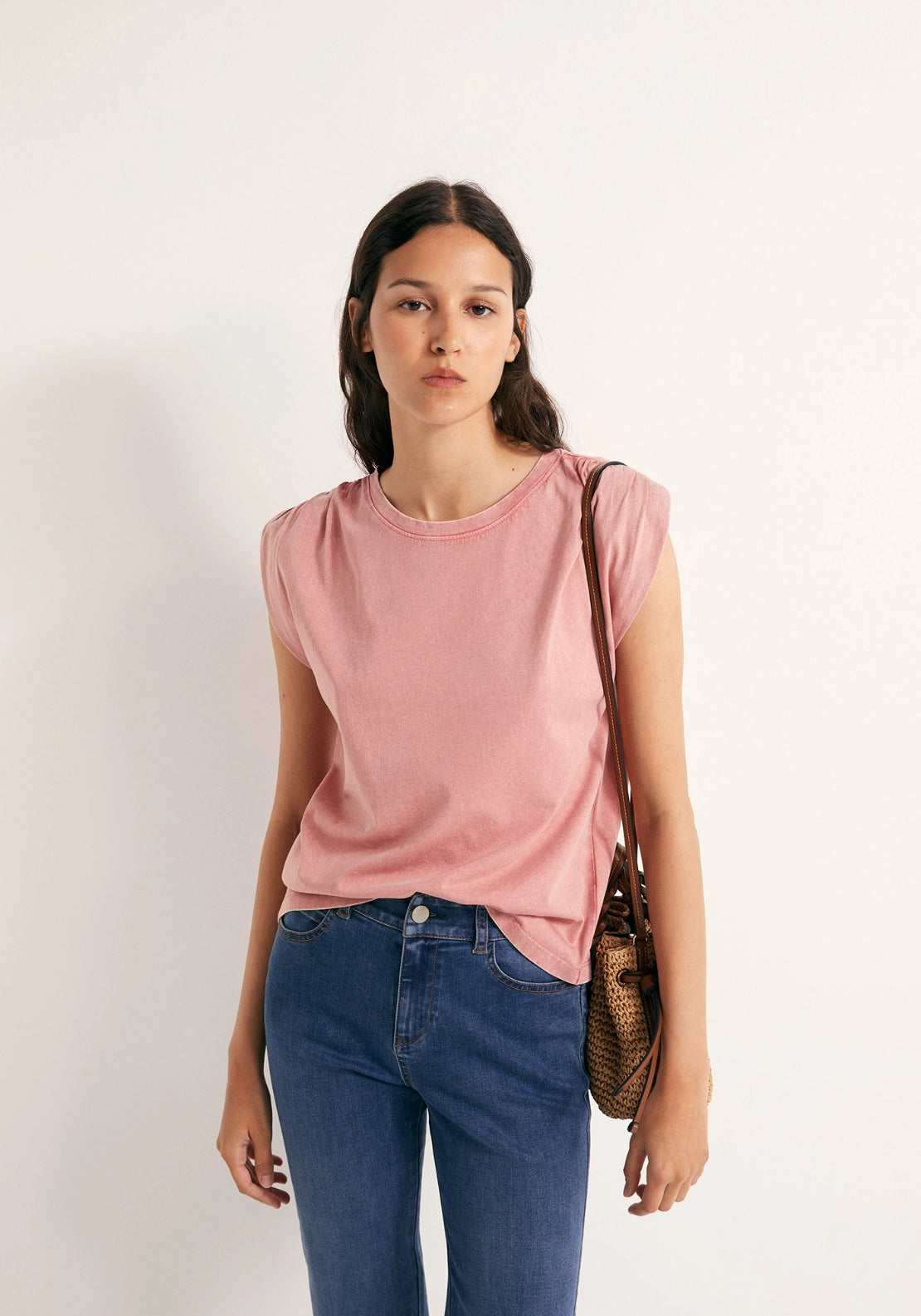 Faded Ruched Shoulder Top - Pink