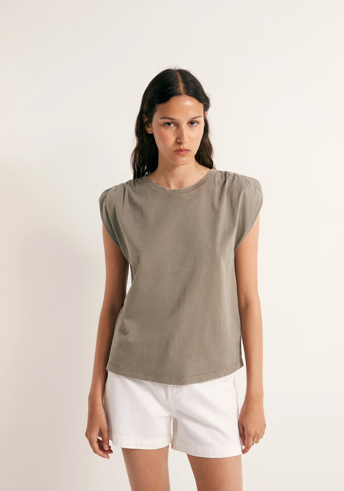 Faded Ruched Shoulder Top - Beige
