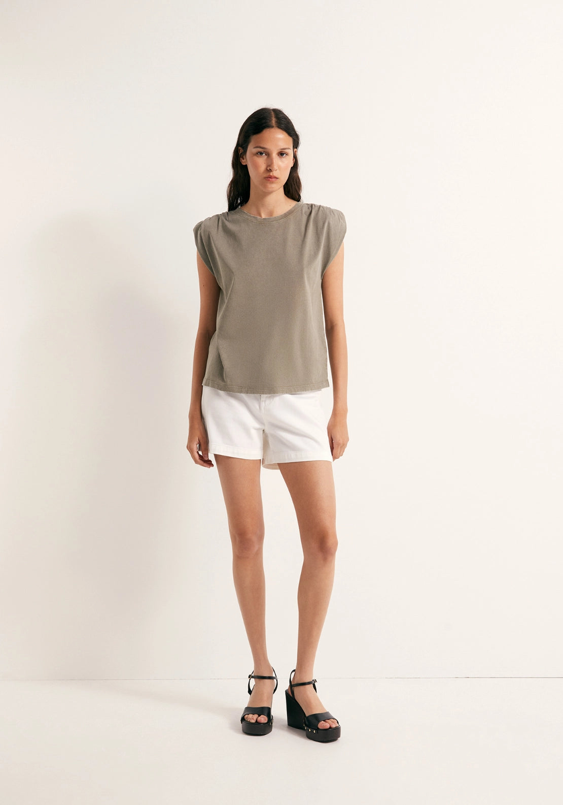 Faded Ruched Shoulder Top - Beige
