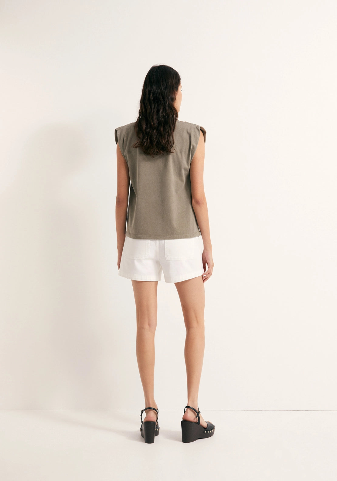 Faded Ruched Shoulder Top - Beige