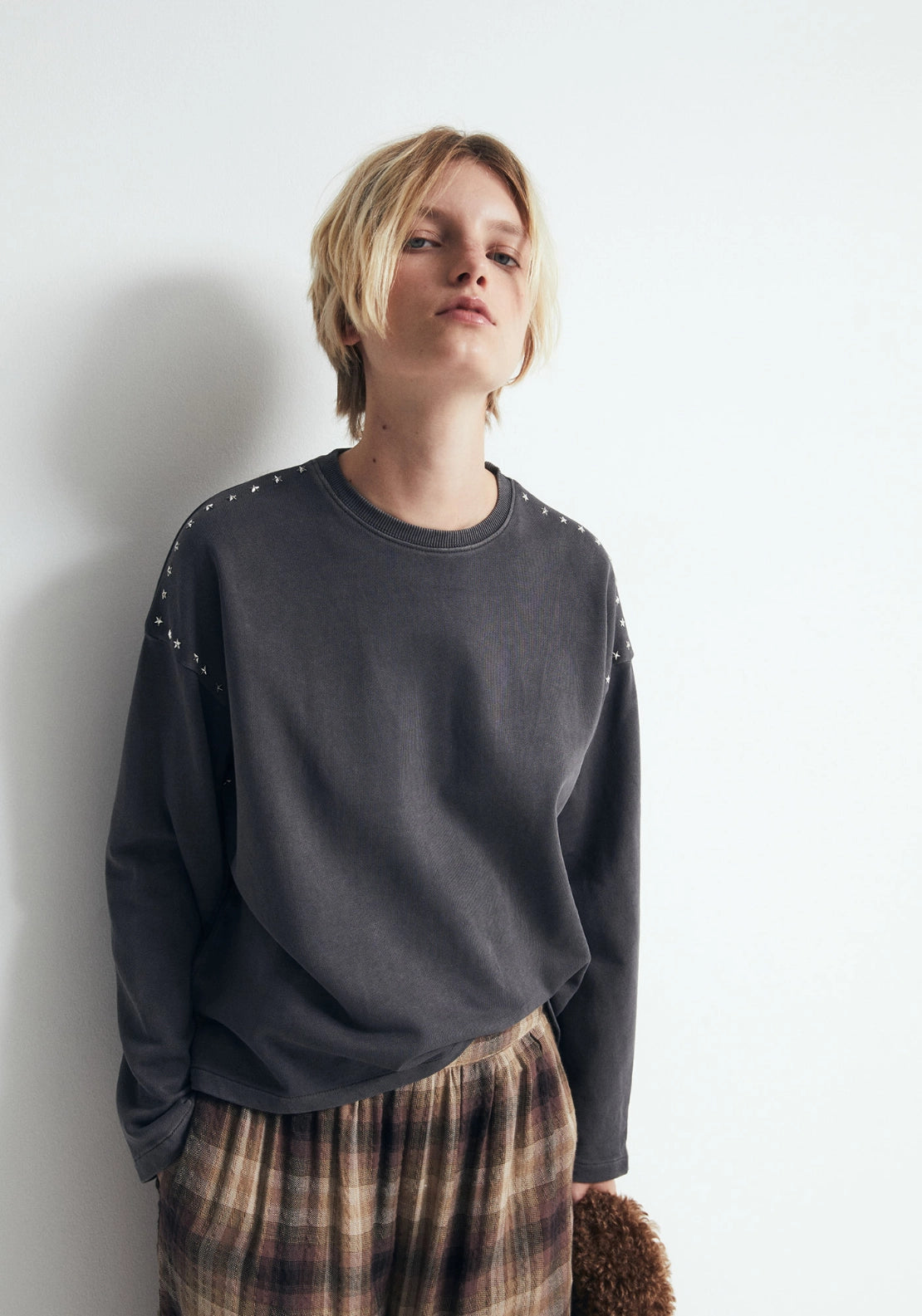 Studded Shoulder Sweatshirt - Lead Grey