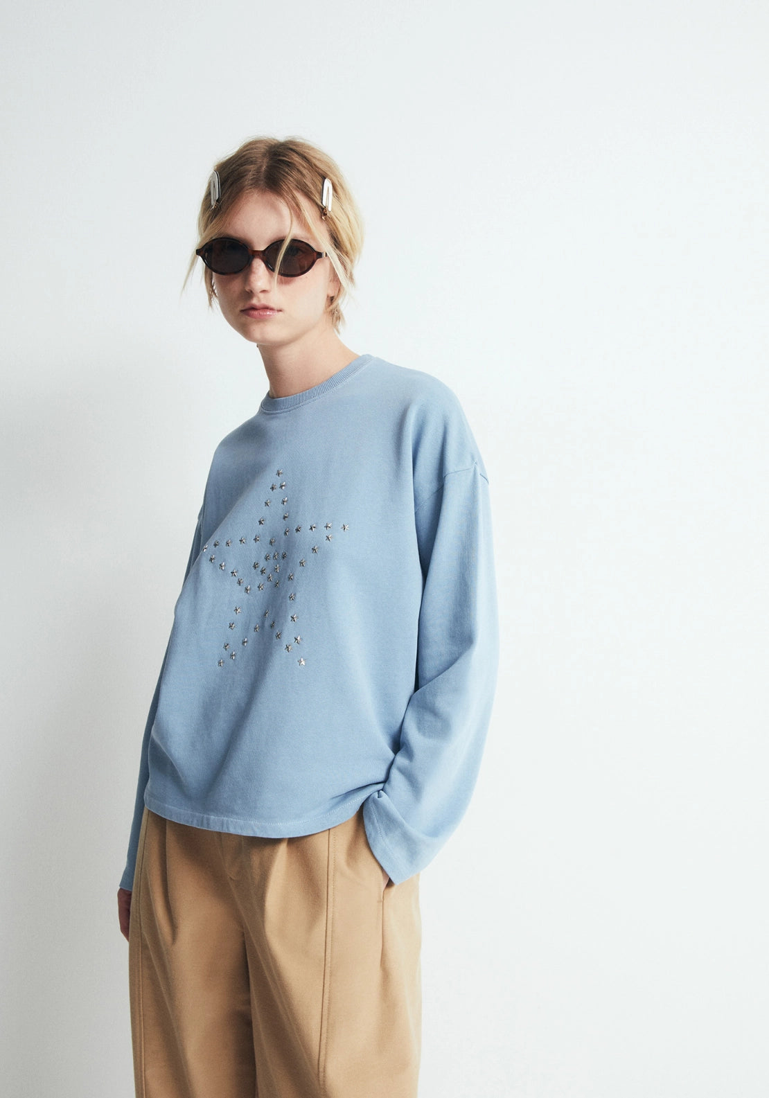 Studded Shoulder Sweatshirt - Blue
