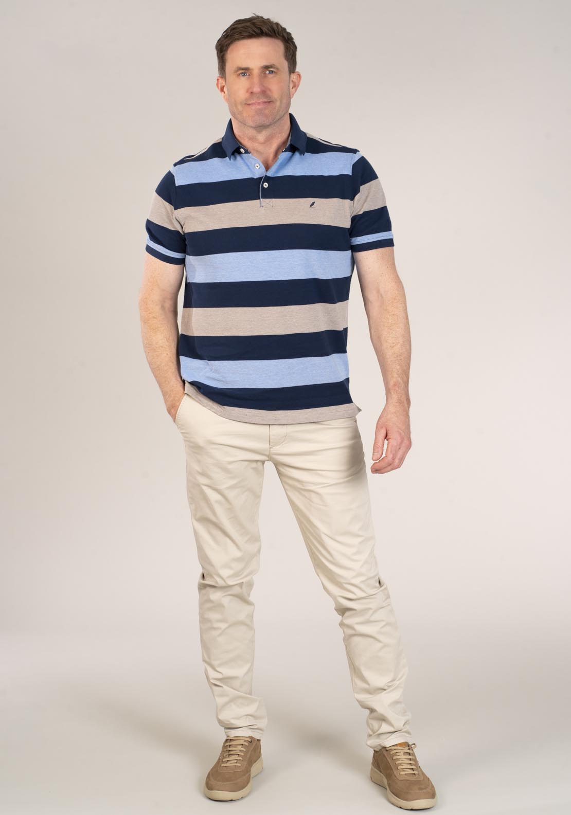 Yeats 3-Button Stripe Polo Shirt - Beige 5 Shaws Department Stores