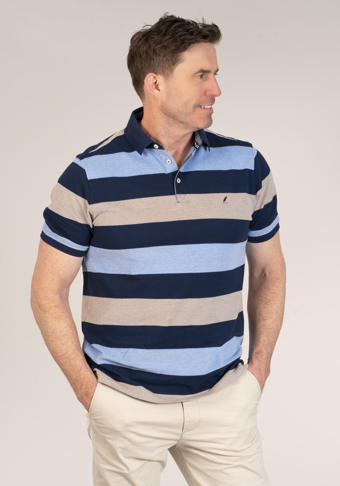 Yeats 3-Button Stripe Polo Shirt - Beige 3 Shaws Department Stores
