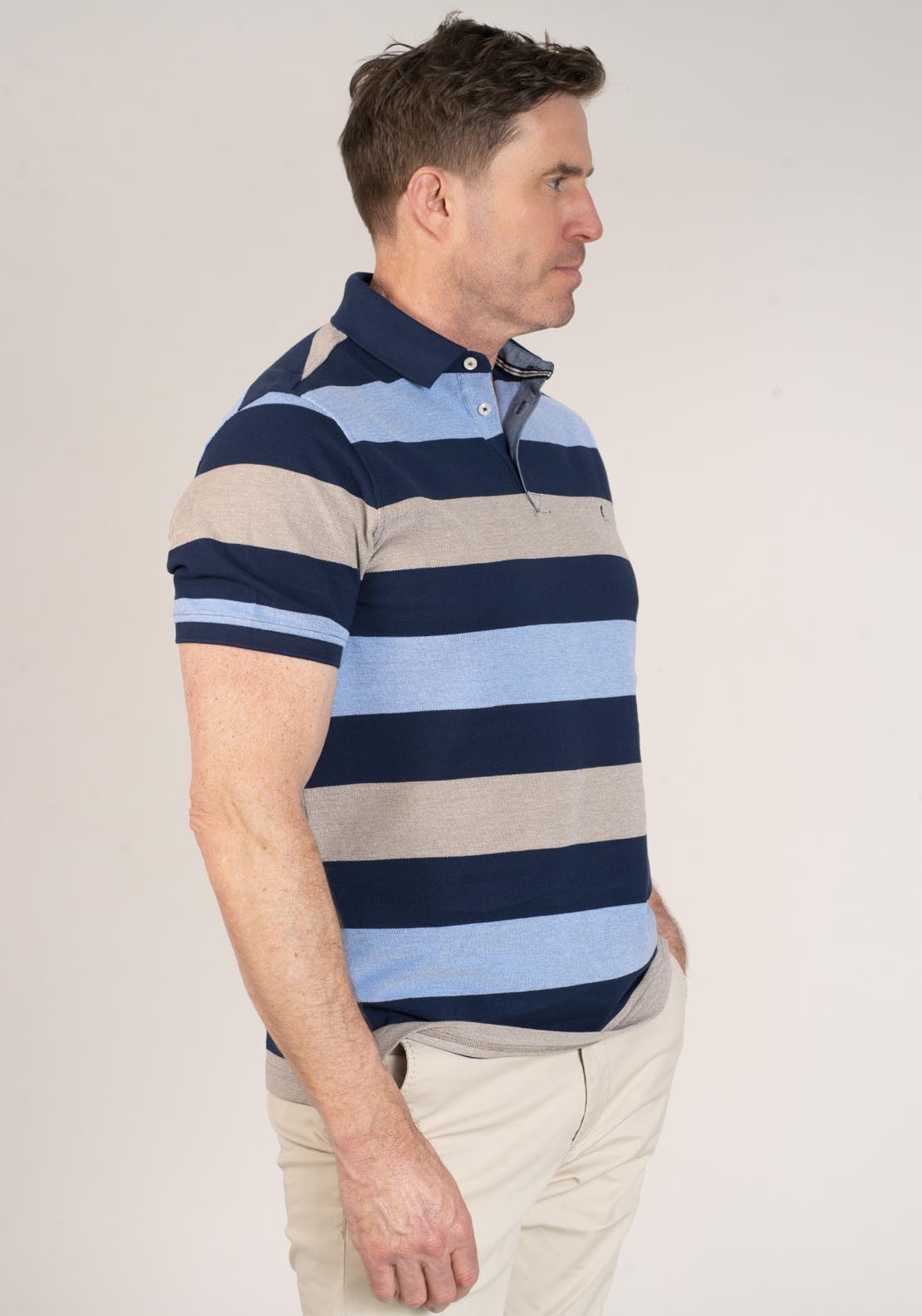Yeats 3-Button Stripe Polo Shirt - Beige 4 Shaws Department Stores