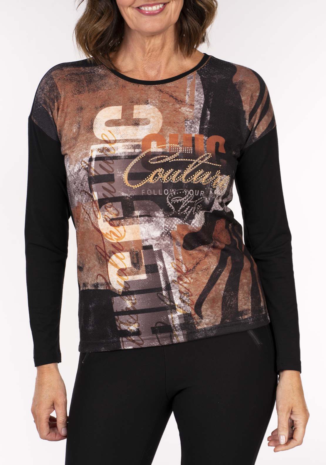 Tea Lane Print Diamante Top - Black 5 Shaws Department Stores