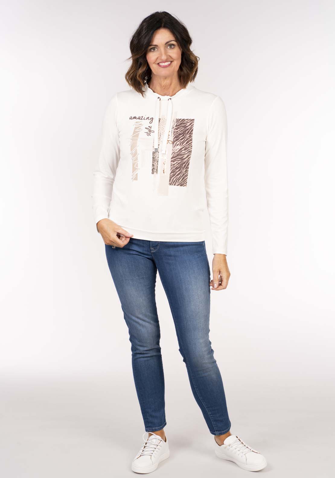 Tea Lane Tie Neck Animal Print Top - Ivory 7 Shaws Department Stores