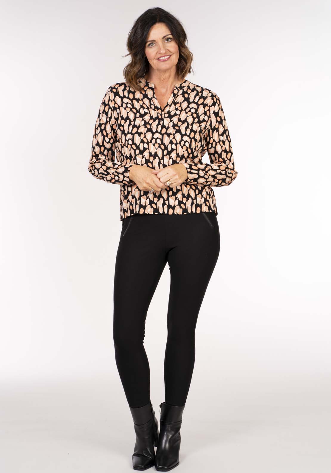 Tea Lane Print Notch Blouse - Black 6 Shaws Department Stores