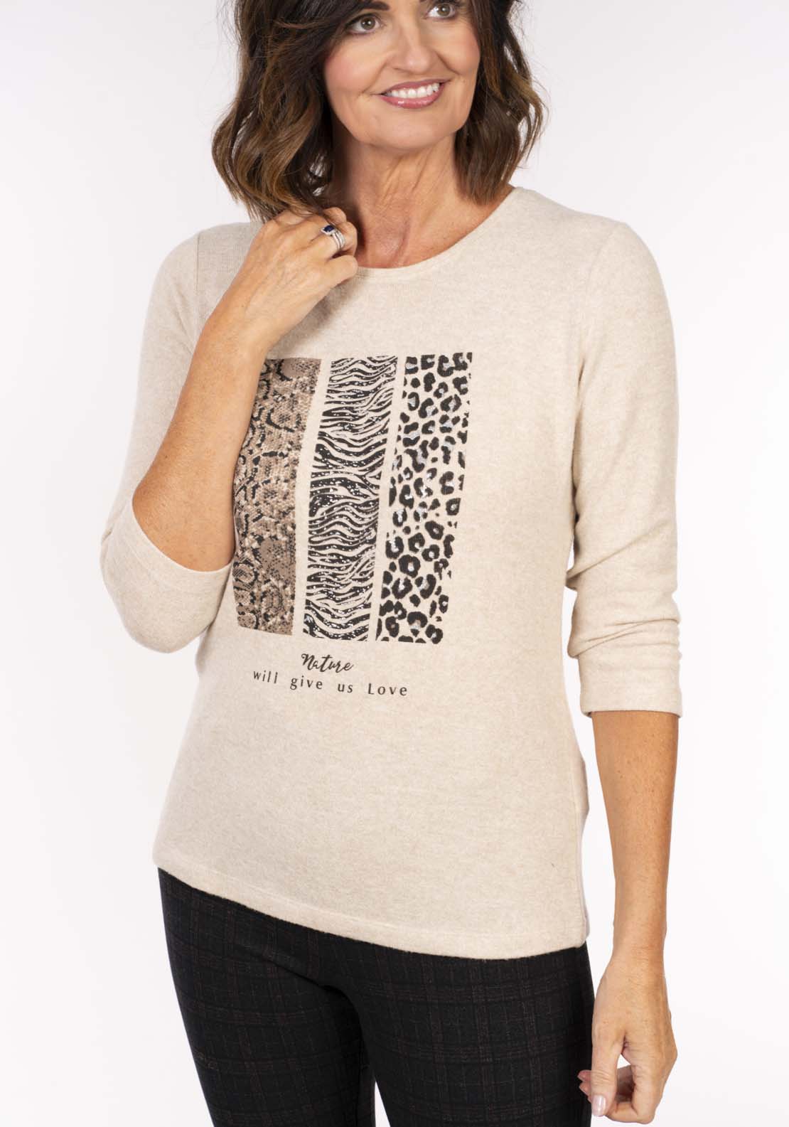 Tea Lane Animal Print Top - Beige Marl 3 Shaws Department Stores