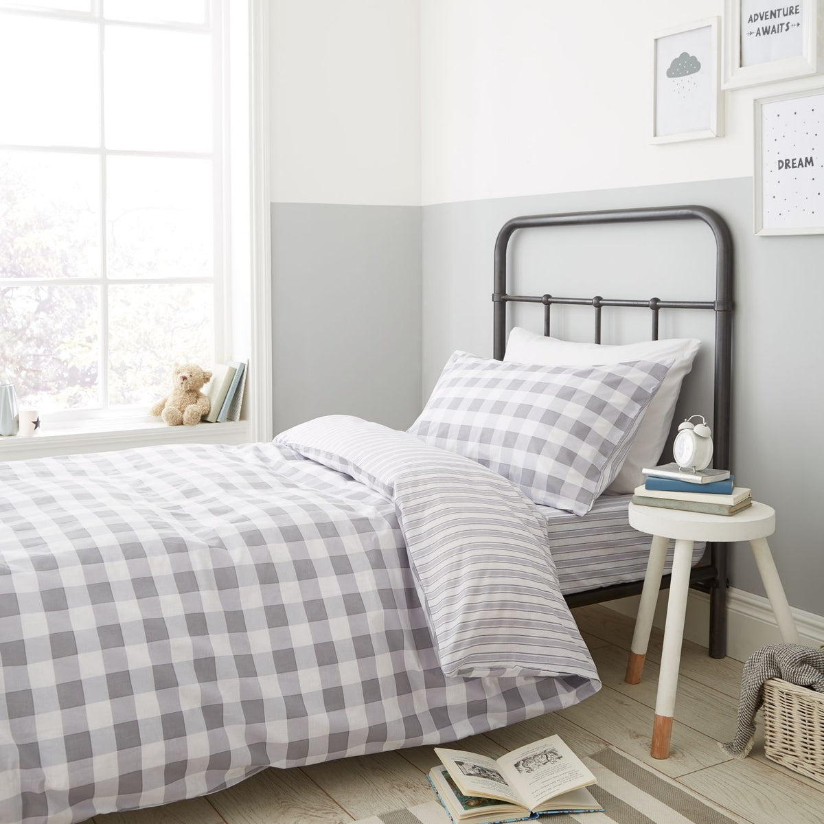 Check And Stripe Cotton Duvet Cover Set -White/Grey
