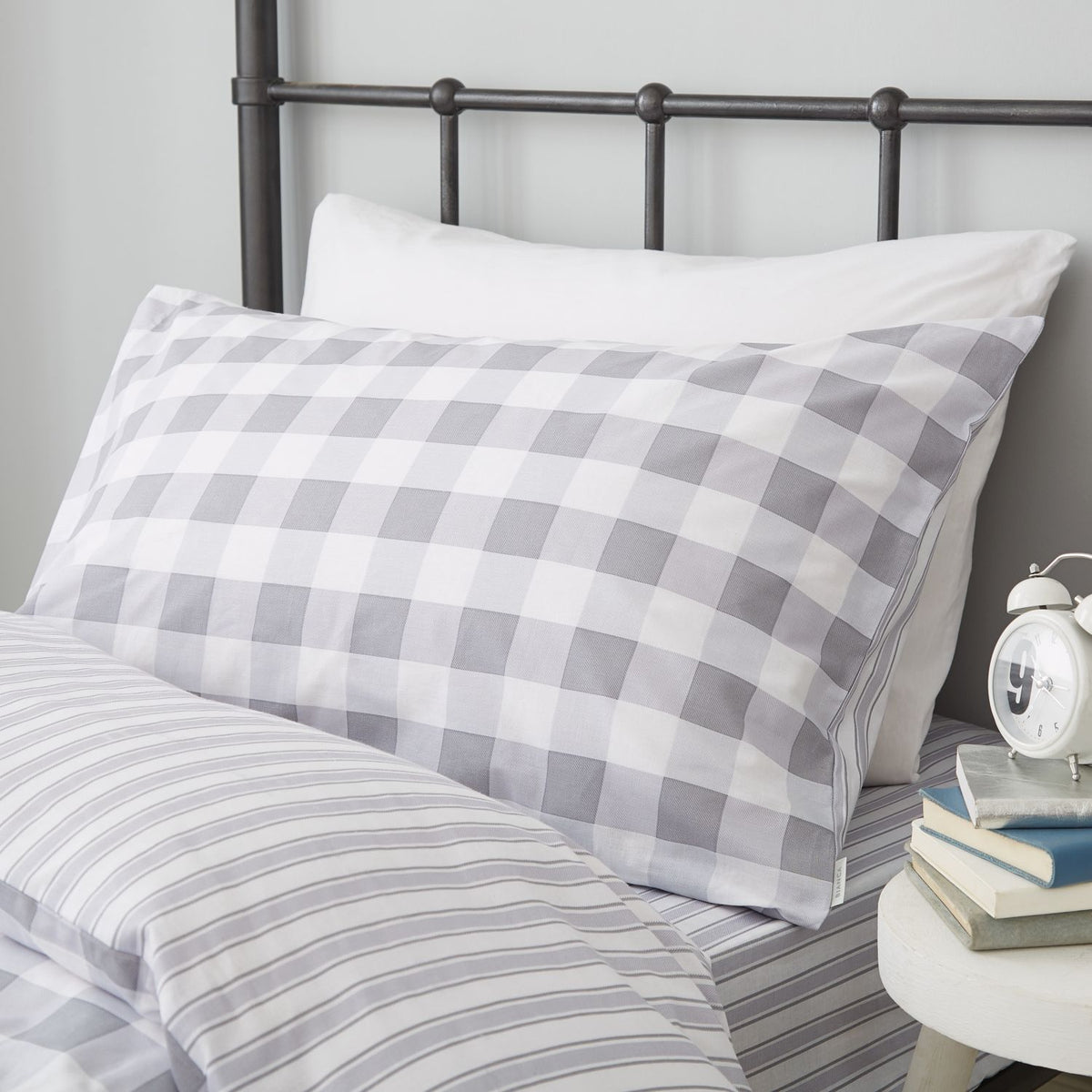 Check And Stripe Cotton Duvet Cover Set -White/Grey