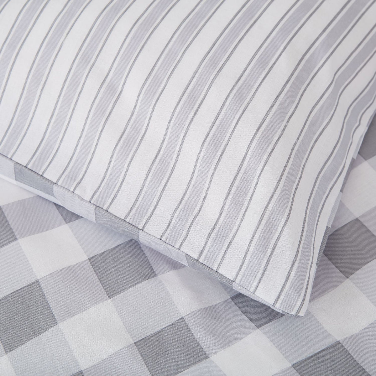 Check And Stripe Cotton Duvet Cover Set -White/Grey