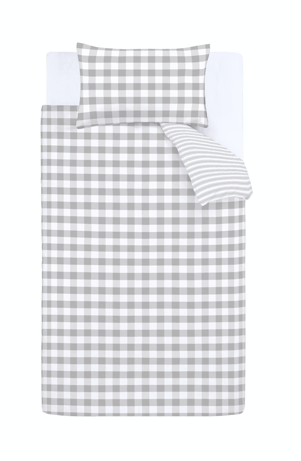 Check And Stripe Cotton Duvet Cover Set -White/Grey