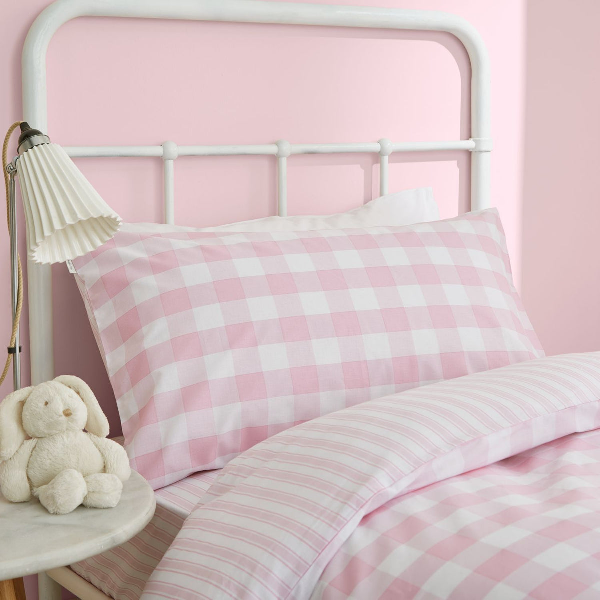 Check And Stripe Cotton Duvet Cover Set - Blush Pink/White